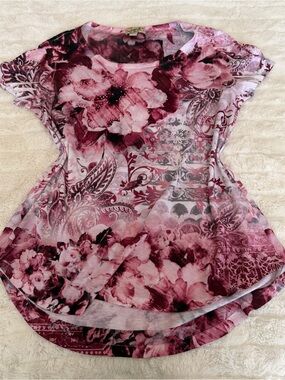 ONE WORLD Pink and Burgundy Floral Short Sleeve Tee